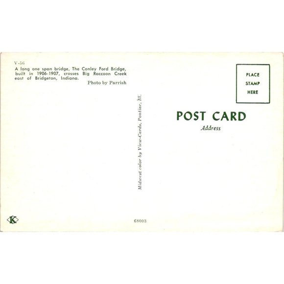 The Conley Ford Covered Bridge Postcard Big Raccoon Creek Bridgeton Indiana Vint - Picture 2 of 2